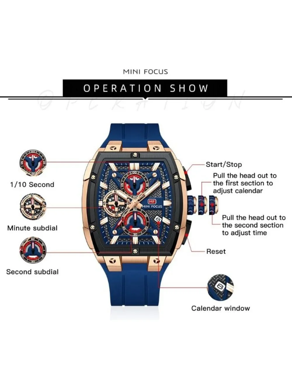 Men's Blue Golden Analog Wrist Skeleton Tonneau Chronograph Enthusiasts Watch